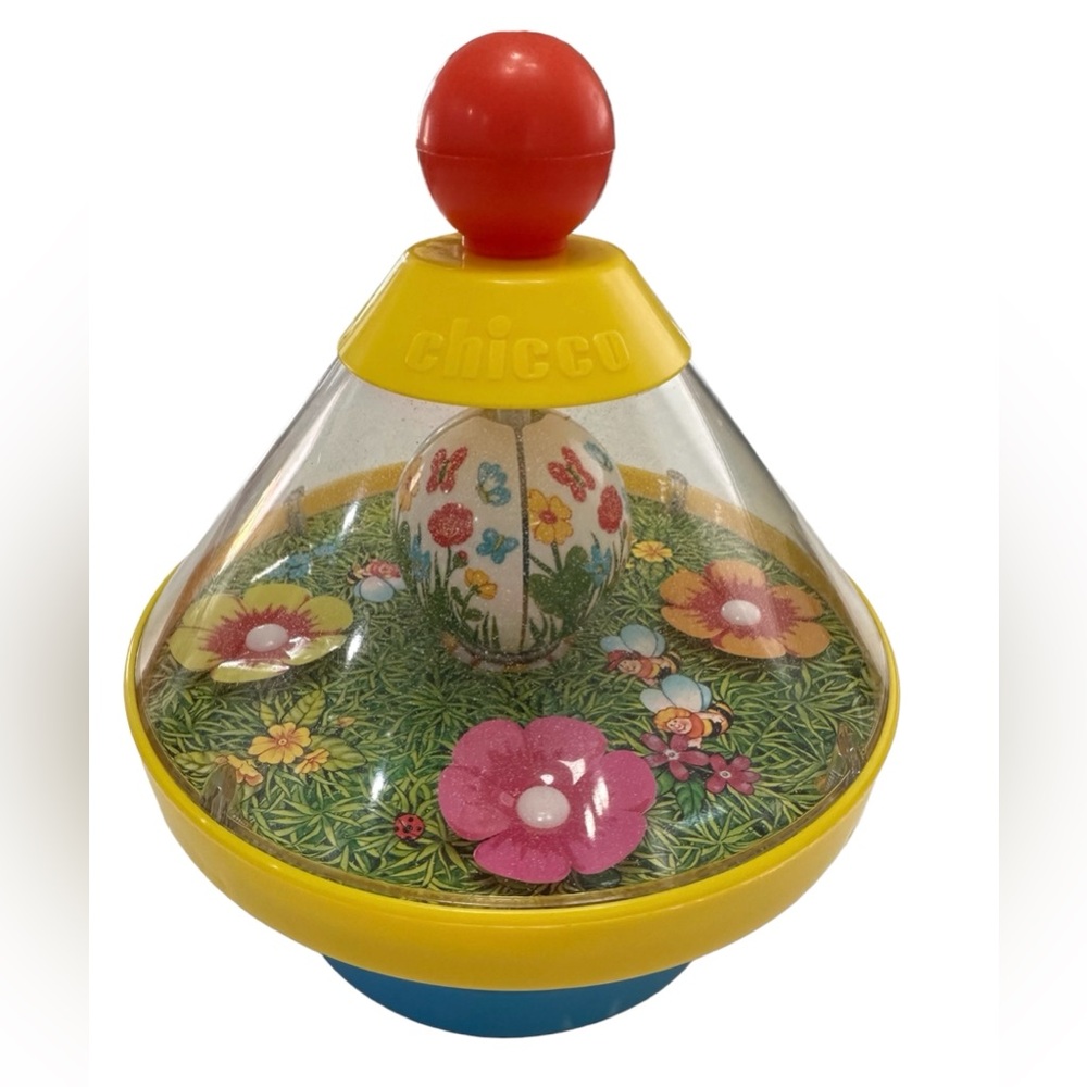 Vintage Chicco Italian spinning push toy with bee and flowers and bell